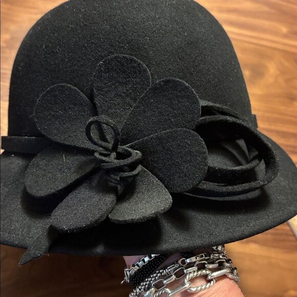 Women's Black Wool Cloche Hat with Flower Trim - Picture 6 of 6